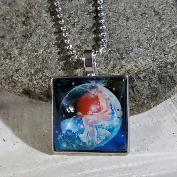 Hand Crafted Man in the Moon Nebula Square Glass Cabochon Pendant  Necklace - Picture 3 of 4